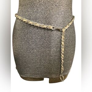 Michael Kors Silver-Tone Chain Belt with Beige Fabric Weave